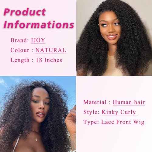 ijoy 18 Inch KinkyCurly Wig Human Hair 13x4 Natural Black Lace Front Wigs Afro Curl Full and Thick 180 Density Brazilian Virgin Human Hair Wig for Black Women Afro kinky Curly