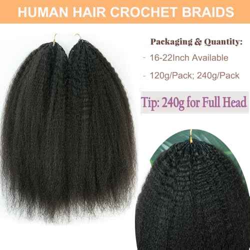 Feather Crochet Hair Kinky Straight Human Hair For Black Women Pre-Separated Knotless Invisble Micro Loop Hair Extensions Crochet Human Hair For Braiding 16inch 120g