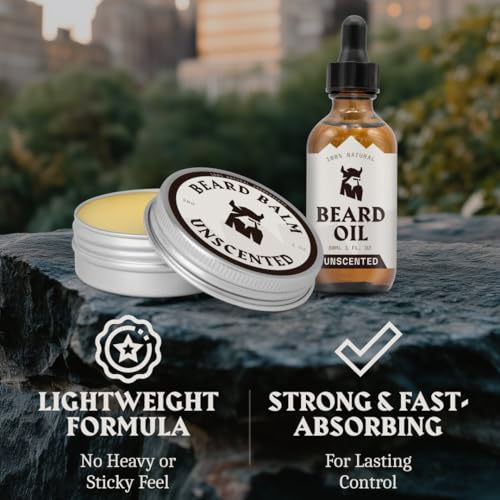 Striking Viking Beard Balm & Beard Oil for Men ? Unscented, 1 Fl Oz Each - Dual-Use Leave In Conditioner - Tames, Styles & Moisturizes ? With Naturally-Derived Argan & Jojoba Oil