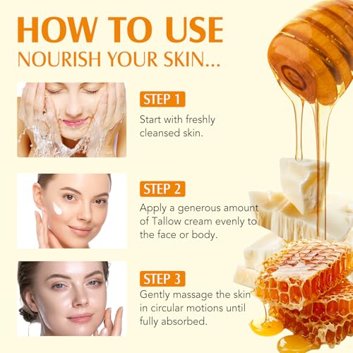 Beef Tallow for Skin, Tallow and Honey Cream Natural Tallow Face Moisturizer,Hydrating Beef Tallow Balm Deeply Moisturizing for Face & Body Skin Care