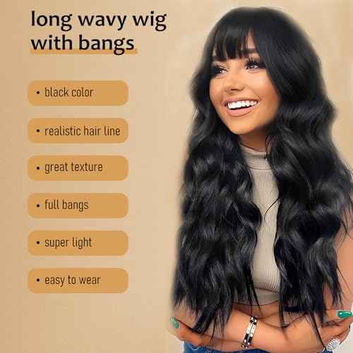 MINLEE Black Wig with Bangs for Women 26 Inch Long Wavy Wig Natural Black Hair Wigs Heat Resistant Synthetic Wig for Daily Party Use