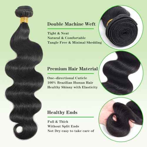 Body Wave Bundles with 5x5 Closure Human Hair (14 16 18+12) 100% Unprocessed Brazilian Virgin 10A Body Wave Human Hair Weave Bundles with 5x5 Closure Natural Color