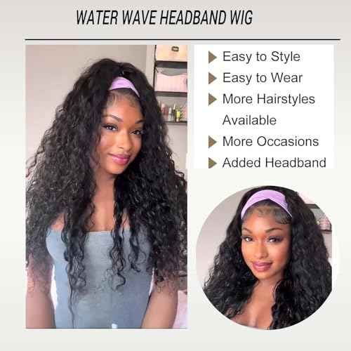 Curly Headband Wigs for Black Women Wet and Wavy Afro Headband Wig Water Wave Blend Human Hair & Synthetic Hair Ready to Go Glueless Half Wigs 180% Density (Black-#1B, 20 Inch)