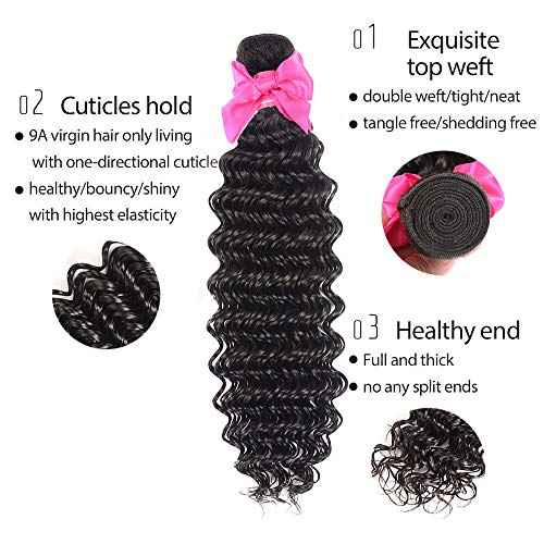 Aatifa Brazilian Virgin Deep Wave 3 Bundles with Closure 9A Grade Unprocessed Human Hair with 4x4 Lace Closure Free Part Natural Color, lace closure, (18/20/22+16 Inch)