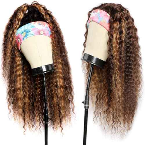 Ombre Headband Wig Human Hair Deep Wave 4/27 Highlight Curly Human Hair Wigs for Black Women Glueless None Lace Front Brazilian Virgin Hair Wear and Go 24 Inch