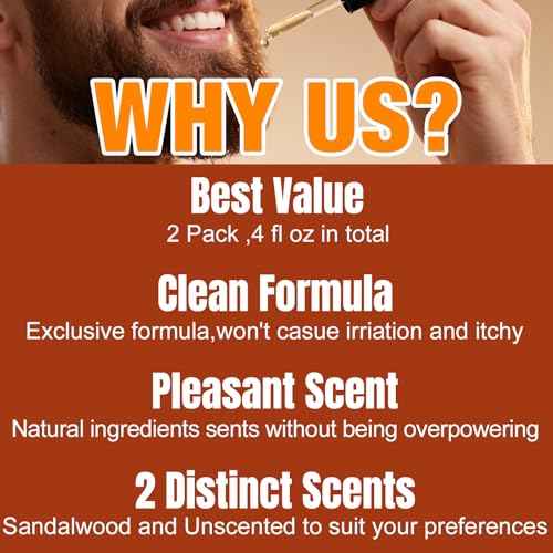 Beard Oil,2 Packs 4 FLOZ(120ml) Natural Beard Oil for Men Growth,Sandalwood and Unscented Beard Growth Oil Soften,Strengthen,Moisturize Beard Care,Stocking Stuffers for Men Gifts for Him Dad Boyfriend