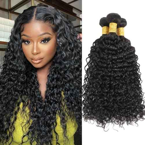 Water Wave Human Hair Bundles - Natural Black Wet & Wavy Curly Sew In Weave, Soft & Shed-free 12A 100% Brazilian Virgin Remy Hair - 3 Bundles, 12, 14, 16 Inch