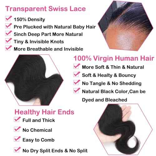 5x5 HD Transparent Closure Body Wave Human Hair Lace Closure Skinlike Brazilian 5x5 Closure 20inch Virgin Body Wave 100% Real Human Hair Free Part Closure Pre Plucked Natural Black Glueless