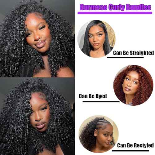 Burmese Curly Bundles Human Hair 16 18 20 Inches 3C4A Raw Virgin Human Hair Bundles with Spiral Curly End 3 Bundles Kinky Curly Human Hair Bundles Quick Weave Hair Natural Black