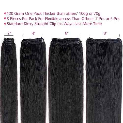 Clip in Hair Extensions Real Human Hair Natural Black Kinky Clip ins Seamless Kinky Straight Clip on Hair Extensions for Women 8pcs with 18 Clips 120g(26inch)