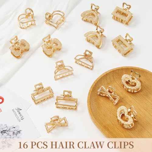 Small Hair Clips for Women 16PCS 0.98" Gold Metal Mini Claw Clips for Women Non Slip Bangs Pins for Thin/Thick Hair(16PCS-Style 9)