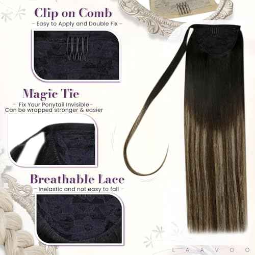 LaaVoo Ponytail Extension Human Hair Black Pony Tails Hair Extensions Real Human Hair Long Ponytail Hair Extensions Black Balayage Dark Brown Mix Caramel Blonde 20 Inch 80g