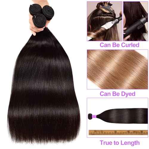 12A Human Hair Bundles Straight 28 28 28 Inch Brazilian Straight Human Hair for Women 100% Unprocessed Virgin Straight Hair Bundles Deals Hair Extensions Natural Color