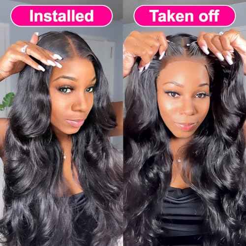 Hedy 10A Glueless Human Hair Wigs for Black Women 180 Density HD Transparent Body Wave Lace Front Wigs Human Hair Pre Plucked with Baby Hair Natural Black(24 Inch)