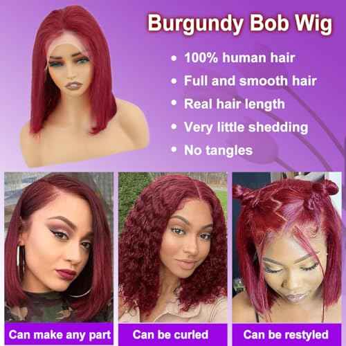 99j Burgundy Bob Wig Human Hair Wigs 13x4 Lace Front Wigs For Black Women Straight Burgundy Human Hair Pre Plucked 180% Density Transpaent Hd Lace Frontal Wigs Human Hair 99j Short Bob 10 Inch