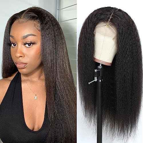 Kinky Straight Wig 20 Inch 180% Density Yaki Straight Human Hair Wig With Pre-Plucked Hairline & Adjustable Straps,Natural Black 13x4 Lace Front Wigs Human Hair For Black Women
