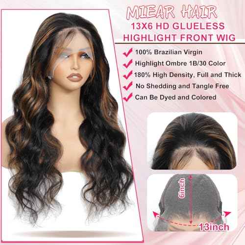 Ombre Highlight Lace Front Wigs Human Hair 13x6 Body Wave 1B/30 Lace Front Wig 180% Density HD Transparent Lace Frontal Wigs Human Hair Balayage Wig for Black Women 22 inch