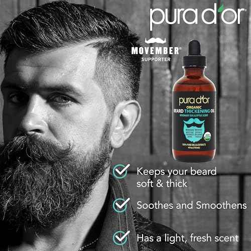 PURA D'OR 4 Oz Thickening Beard Oil ? Moisturizing Blend with Rosemary, Biotin & Castor Oil ? Increases Moisture, Thickness and Shine - Reduces Dryness and Breakage