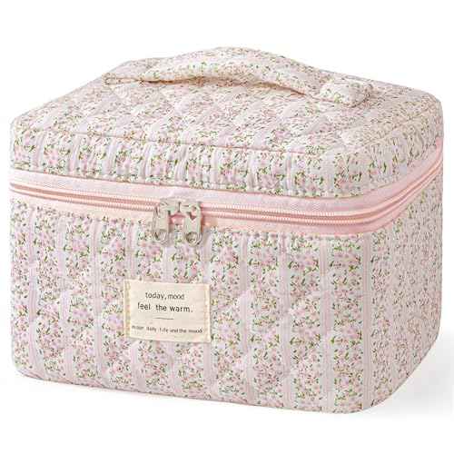 HBselect Quilted Makeup Bag, Cotton Large Travel Makeup Bag, Cute Streaks Floral Coquette Cosmetic Bags Toiletry Bags for Women Girls
