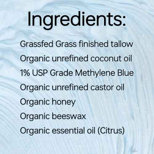 Methylene Blue Infused Whipped Grass Fed Beef Tallow Balm, Anti-Aging, Moisturizer, Stretchmarks, Rosacea, Psoriasis, Eczema, Acne, All skin types, Organic Ingredients 3.4oz