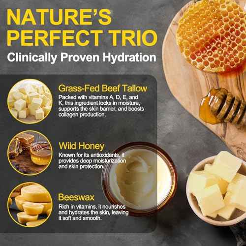 Marianp Beef Tallow for Skin, Tallow and Honey Balm, Organic Grass-Fed Beef Tallow & Raw Wild Honey Blend for Skin Care, Moisturizer Hydrates and Nourishes for Face and Body, Natural Lotion, 4.2 oz