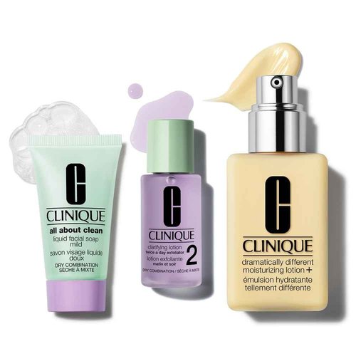 Clinique Great Skin, Great Deal Gift Set For Dry Combination Skin Type II | All About Clean Mild Liquid Soap, Clarifying Lotion + Dramatically Different Lotion | Includes 3 Travel Size Pieces