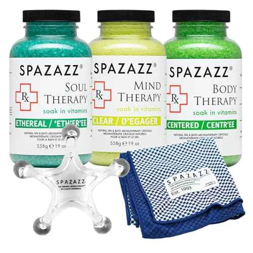 RX Therapy Spa and Hot Tub Aromatherapy Scented Relaxation Bath Salt Crystals - Mind Body and Soul Bundle Gift Set (19 Oz) Includes 5 Point Full Body Massage Tool & Hot Cold Towel (19OZ 3 Pack)