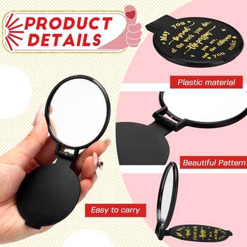 Weysat 48 Pcs Black Pocket Compact Mirror Bulk with Positive Saying, Inspirational Gifts for Women, Small Bulk Gifts for Christian, Church, Guest, Christmas, Birthday Party Favors