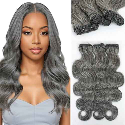 Salt and Pepper Human Hair Bundles 10 12 14 inch Natural Gray Body Wave Bundles Human Hair 12A Grey-White Quick Weave Hair Extensions Double Weft
