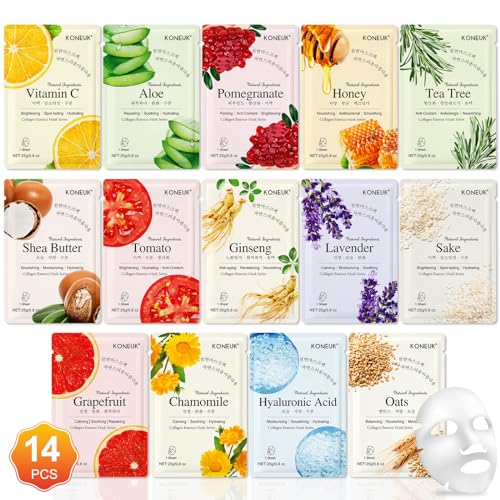 KONEUK 14 Pack Sheet Face Masks Skincare for All Skin Types, Hydrating Face Masks Suitable for Sensitive Skin, Bulk Facial Mask Set for Women Skin Care, Face Mask Gifts Set for Face Spa