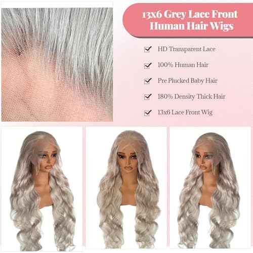 Munx 30 Inch Grey Lace Front Wig Human Hair HD Transparent Lace Frontal Wig for Women 180% Density Pre Plucked Glueless Silver Grey Body Wave Wigs with Baby Hair