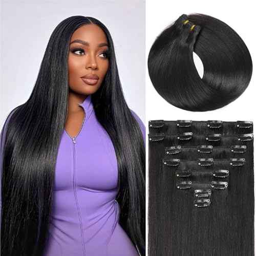 Clip in Hair Extensions Real Human Hair,100% Brazilian Remy Human Hair Extensions for Women,1B Natural Black 8pcs Per Set with Double Weft,26inch 130g,Straight