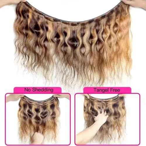 Ombre #4/27 Human Hair Bundles Body Wave 3 Bundles (20 22 24 inches) Honey Blonde Highlight Brown Colored 12A Brazilian Virgin Human Hair Body Wave Bundles 100% Unprocessed Double Weft