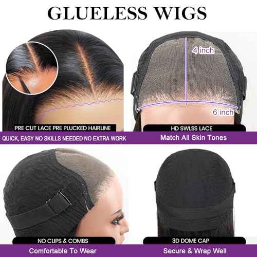 Body Wave Glueless Wig Human Hair 28 Inch Pre Plucked Pre Cut Glueless Lace Front Wig Ready to Wear 6x4 Body Wave Closure Wig 180% Density Human Hair Bleached Knots Natural Black