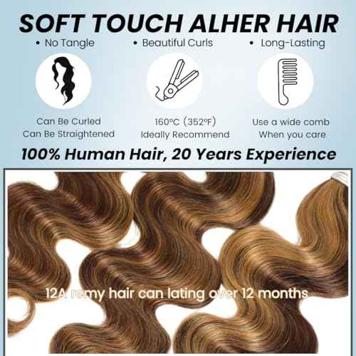 ALHER Body Wave Ombre Human Hair Bundles Honey Blonde Highlight Brown Colored Bundles 12A 100% Brazilian Virgin Remy Human Hair Soft Thick Wavy Weave P4/27 Highlight Piano Color 14 16 18 Inch