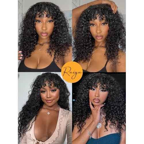 Ruiyu Curly Wig with Bangs Human Hair 2x4 HD Lace Closure Wear and Go Glueless Wig Water Wave Wigs with Bangs for Black Women 180 Density 100% Brazilian Virgin Human Hair 18 Inch