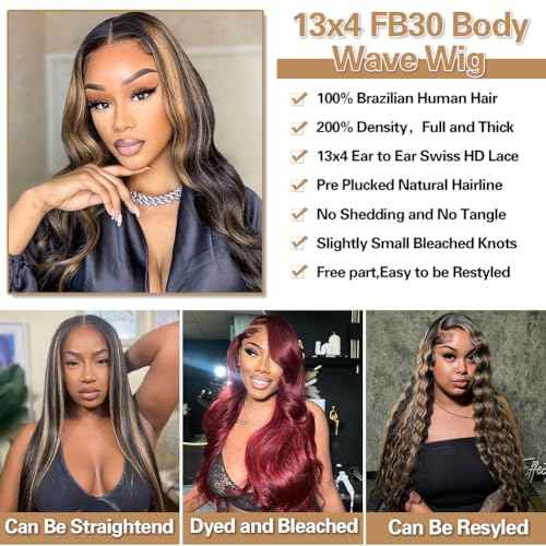 CITY GIRL 30 Inch Body Wave Lace Front Wigs Human Hair 1B/30 Highlight Ombre Lace Front Wig 13x4 Lace Frontal Black with Brown Highlight Balayage Wig Human Hair 200 Density