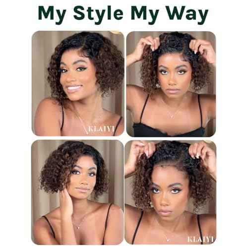 KLAIYI Ombre Brown Curly Bob Wig Human Hair Bye Bye Knots Glueless Wig Precut Lace Pre Bleached Pre Plucked 7x5Lace Front Easy to Wear Put On Go Wig with Dark Roots Side Part Balayage Brown Wig 10Inch