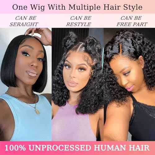 Curly Bob Wig Human Hair 13x6 Frontal Lace Wig Deep Curly Virgin Human Hair Wig Pre Plucked HD Transparent Lace Frontal Wigs for Women Natural Black 14 Inch