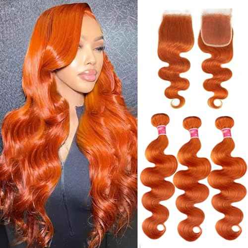 Ginger Human Hair Bundles with Closure Body Wave 16 18 20+16 IN 350 Orange Colored Bundles Human Hair with 4x4 HD Closure Free Part Soft Thick