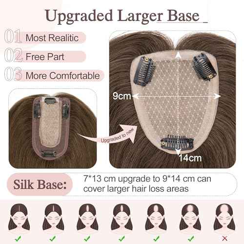 SEGO Hair Toppers for Women Real Human Hair Large Full Silk Base 9 * 14 cm Free Part No Bangs 150% Density Clip In Topper Hairpieces for Women with Thinning Hair -12 Inch #2Y Dark Smoky Brown