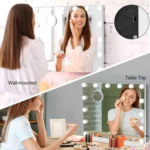 Hollywood Vanity Mirror with Lights, Lighted Makeup Mirror with 10X Magnification, Vanity Makeup Mirrors with Lights, USB Charging Port Touch Control, 14 LED Bulbs 3 Lighting Modes