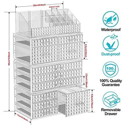 Awenia 4 Pack Stackable Makeup Organizer[Upgraded],Acrylic Cosmetics Storage Large Capacity with 11 Drawers For Brush Holder,Perfume or Jewelry Display,Plus Size| Ship from USA(Clear)