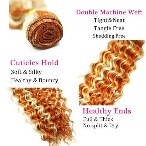 16 18 20 Inch Ginger Bundles Human Hair Deep Wave Bundle P350/613 Highlight Blonde 3 Bundles 300g/Pack Unprocessed Brazilian Virgin Hairs Double Weft Weaves Hair Extensions