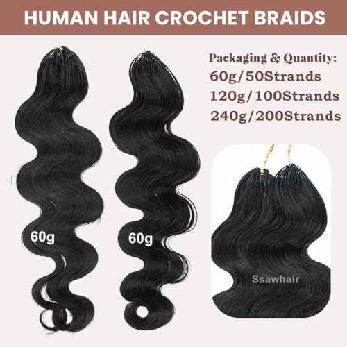 Body Wave Crochet Human Hair Knotless Pre-Separated Braid Virgin Human Hair With String Pre-Looped Reusable Feather Crochet Hair Extensions 16Inch 120g 100Strands
