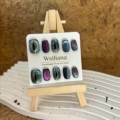 Wsiliana Handmade Press on Nails Short Round Magnetic Cat Eye Gradient Glitter Green Purple Cute Eyes Design Acrylic Fake Nails Tip 10Pcs With Storage Box (012-S)