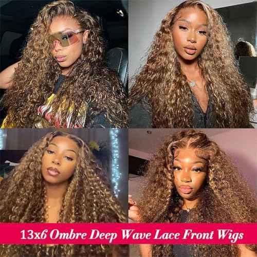 Ombre Lace Front Wig Human Hair 180% Density 4/27 Honey Blonde 13x6 Deep Wave Lace Front Wigs Wet and Wavy Curly Glueless Wigs Human Hair Pre Plucked with Baby Hair (Highlight, 26 Inch)