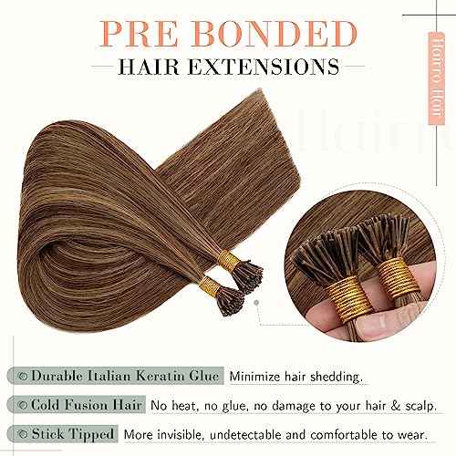 Hairro I Tip Human Hair Extensions Pre Bonded Fusion Hair Tipped Remy Hair Pieces Silky Straight Microlink Itip Keratin Stick Hairpieces For Women 22" 100 Strands 50g #4P27 Medium Brown&Dark Blonde