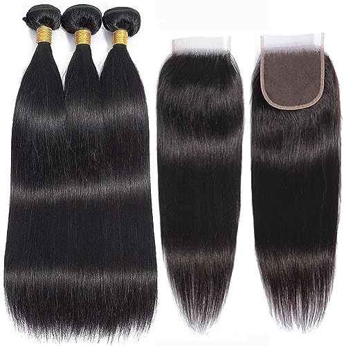 10A Straight Bundles with Closure 20 22 24 with 18 Inch Human Hair Bundles with Closure 100% Unprocessed Brazilian Virgin Human Hair Weave with Closure HD Lace