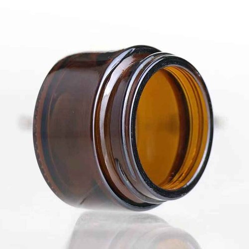 4Pack 50g Amber Glass Cosmetic Jars, Empty Sample Containers with Wood Grain Lids for Lotion, Lip Balm, Eye Cream, Scrubs, Oils, Salves, Ointments (Brown)